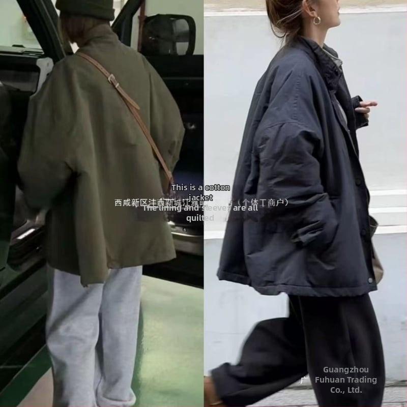 Chenille audinio švarkas su stovinčia apykakle – laisvas siluetas, ilgos rankovės, vidutinio ilgio (65–80 cm), 90–95% Spandex