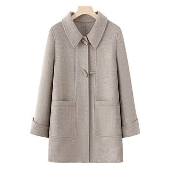 Sieviešu vilnas divpusēja jaka – Elegantais pilsētas stila rudens 2025 izdevums, bez gludināšanas, galvenais materiāls vilna, galvenais sastāvs poliester virs 95%, sekundārais poliester līdz 30%