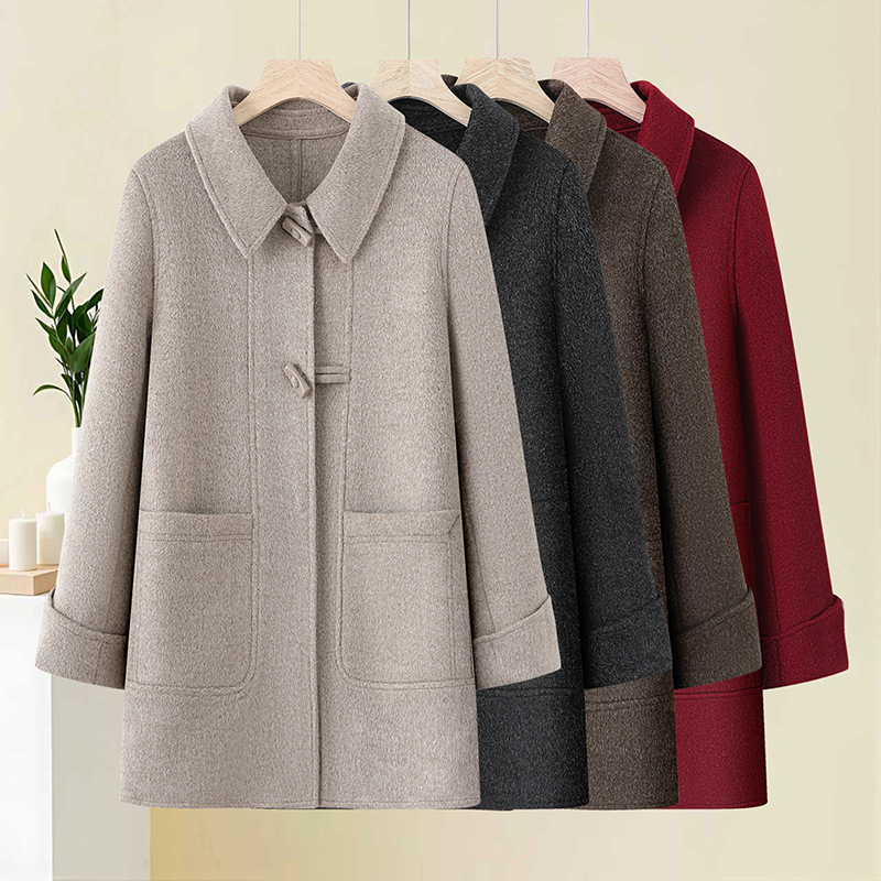 Sieviešu vilnas divpusēja jaka – Elegantais pilsētas stila rudens 2025 izdevums, bez gludināšanas, galvenais materiāls vilna, galvenais sastāvs poliester virs 95%, sekundārais poliester līdz 30%