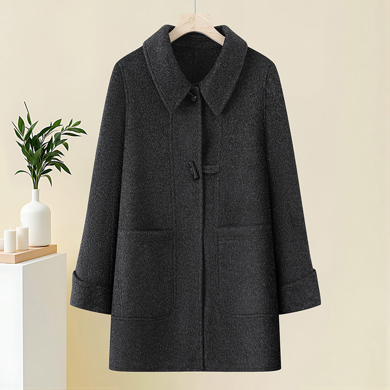 Sieviešu vilnas divpusēja jaka – Elegantais pilsētas stila rudens 2025 izdevums, bez gludināšanas, galvenais materiāls vilna, galvenais sastāvs poliester virs 95%, sekundārais poliester līdz 30%