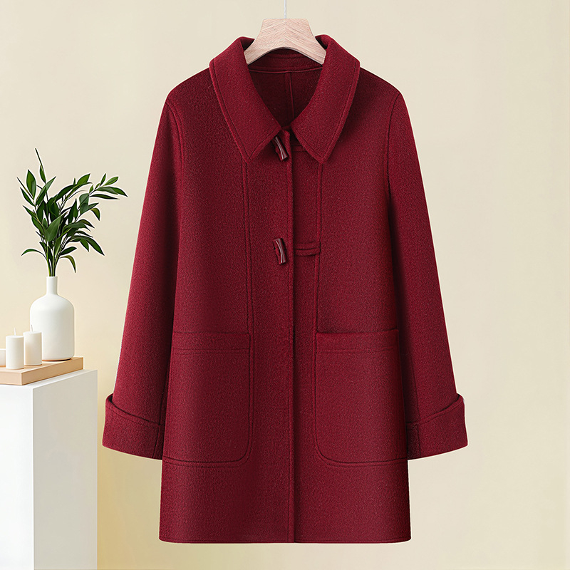 Sieviešu vilnas divpusēja jaka – Elegantais pilsētas stila rudens 2025 izdevums, bez gludināšanas, galvenais materiāls vilna, galvenais sastāvs poliester virs 95%, sekundārais poliester līdz 30%