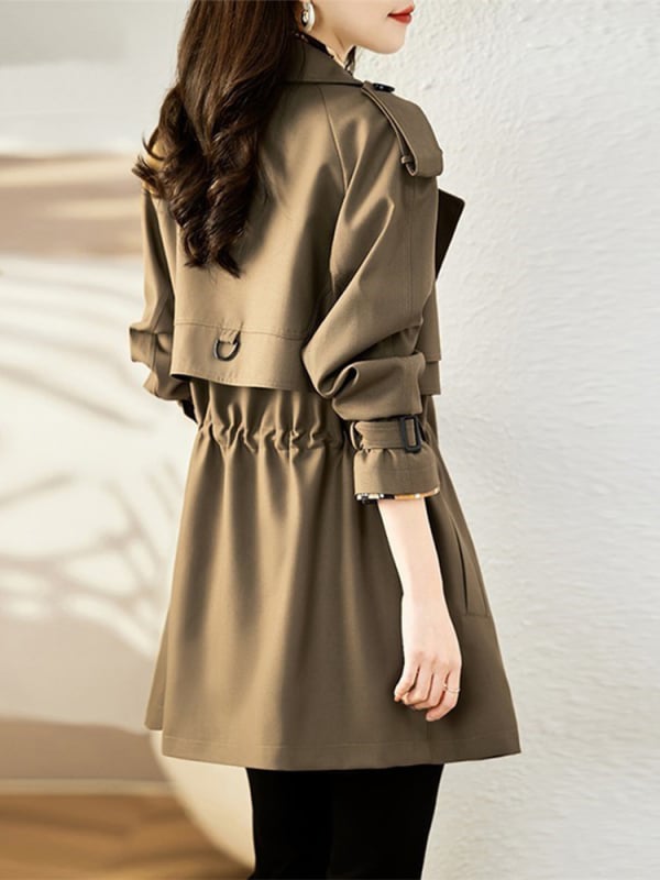 Palton damă windbreaker — material din amestec de bumbac, culoare solidă, croială lejeră, guler cu glugă, închidere cu nasturi dubli
