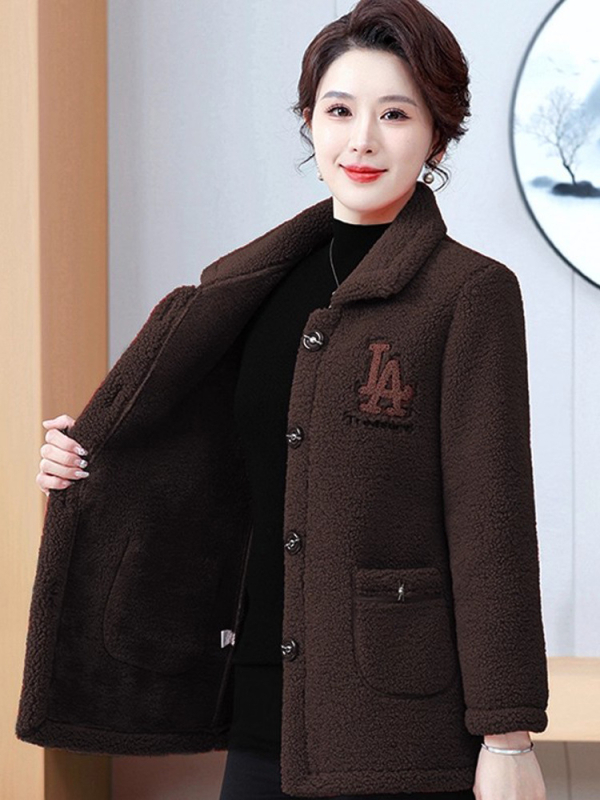 Зимно палто с поларена подплата за зрели жени – дебел стил shearling, плюс размер, ежедневен дизайн (Поларена подплата; Нейлон 50–70%; Полиестер ≤30%; Стил: японско/корейски свободен стил; Дължина: 50–65 см)