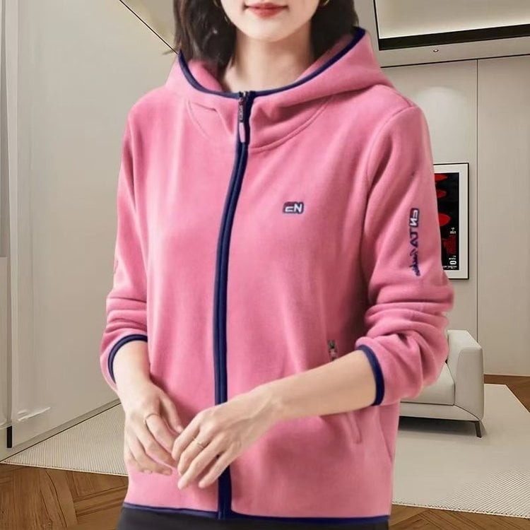 Moteriška striukė su gobtuvu iš fleece, color-block raštas, užtrauktukas, laisvas kirpimas, vidutinio tankio