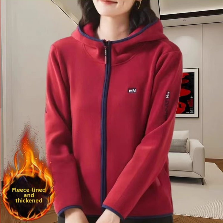 Moteriška striukė su gobtuvu iš fleece, color-block raštas, užtrauktukas, laisvas kirpimas, vidutinio tankio