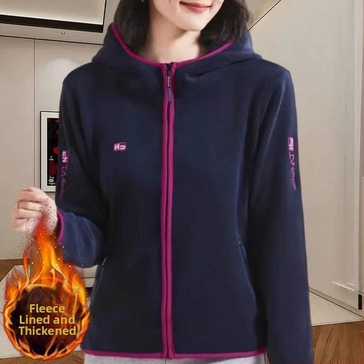 Moteriška striukė su gobtuvu iš fleece, color-block raštas, užtrauktukas, laisvas kirpimas, vidutinio tankio