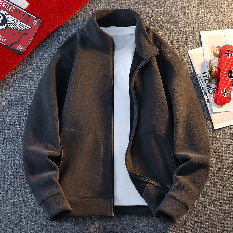 Jachetă din fleece în stil korean, guler înalt, fermoar, croială lejeră, amestec poliester