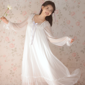 Rochie de noapte lungă din plasă, stil prințesă-palat, guler pătrat, mâneci lungi, Modal 90–95%, țesătură subțire