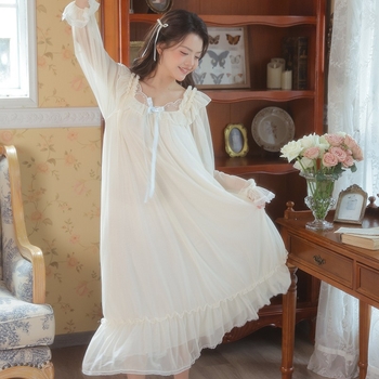 Rochie de noapte lungă din plasă, stil prințesă-palat, guler pătrat, mâneci lungi, Modal 90–95%, țesătură subțire