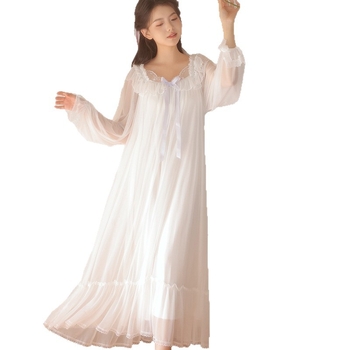Rochie de noapte lungă din plasă, stil prințesă-palat, guler pătrat, mâneci lungi, Modal 90–95%, țesătură subțire