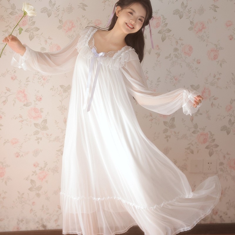 Rochie de noapte lungă din plasă, stil prințesă-palat, guler pătrat, mâneci lungi, Modal 90–95%, țesătură subțire