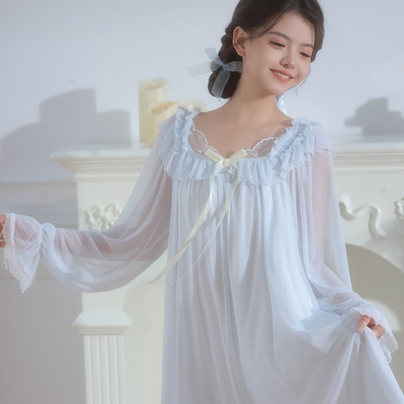 Rochie de noapte lungă din plasă, stil prințesă-palat, guler pătrat, mâneci lungi, Modal 90–95%, țesătură subțire