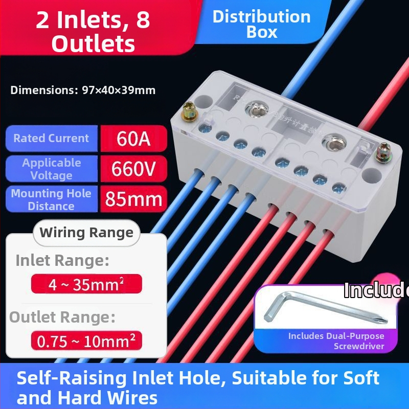 Aukštos įtampos terminalo blokas su vario korpusu, paskirstymo dėžė su dviem įėjimais ir keliomis išvestimis