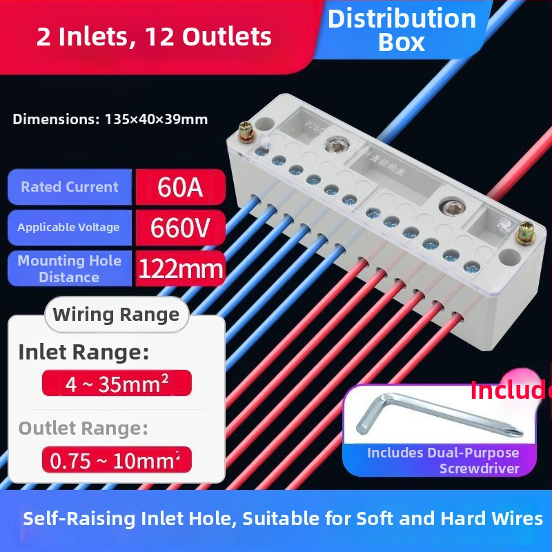 Aukštos įtampos terminalo blokas su vario korpusu, paskirstymo dėžė su dviem įėjimais ir keliomis išvestimis