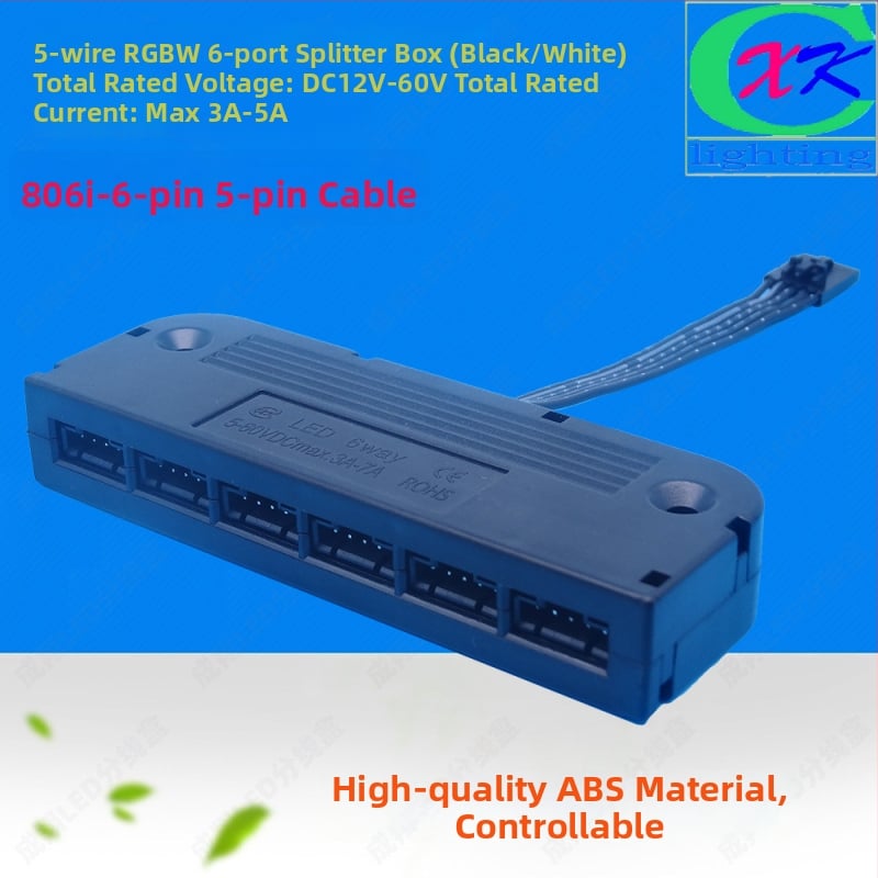 LED RGBW 5-vada sadales kastīte, 6 ostas, 5050 LED savienotājs, ABS korpuss, Cheng xiang