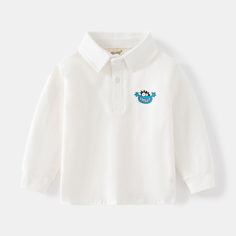 Wellkids поло риза за момчета с дълъг ръкав, две копчета и яка стойка, принт с животни, памук-смес