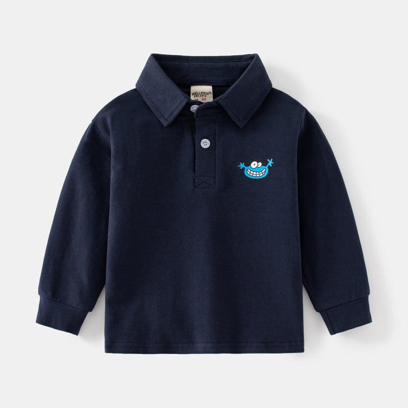 Wellkids поло риза за момчета с дълъг ръкав, две копчета и яка стойка, принт с животни, памук-смес