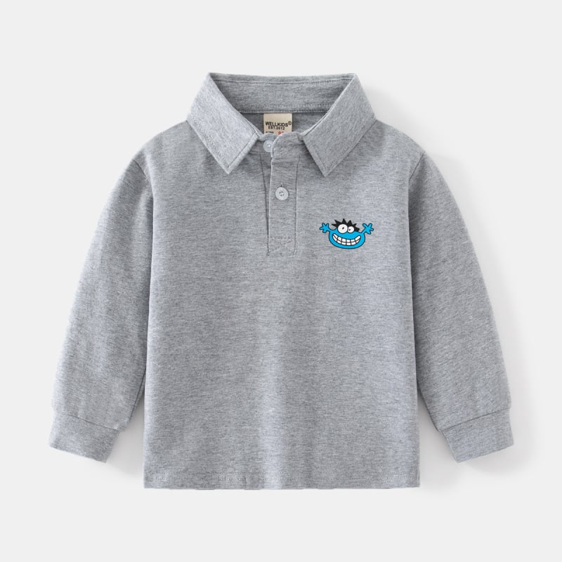 Wellkids поло риза за момчета с дълъг ръкав, две копчета и яка стойка, принт с животни, памук-смес