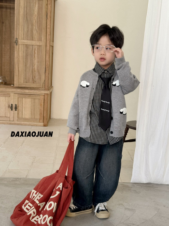 Cămașă pentru copii cu model în carouri, guler rever, mâneci lungi, 65% bumbac