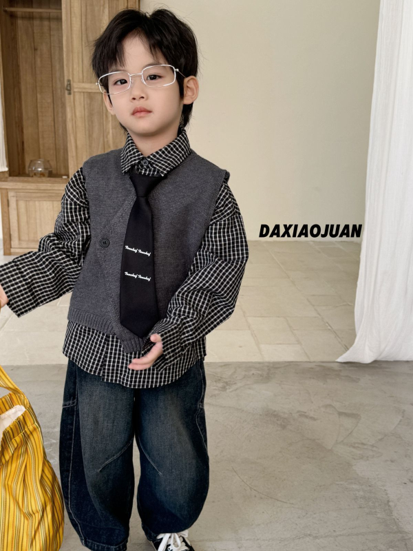 Cămașă pentru copii cu model în carouri, guler rever, mâneci lungi, 65% bumbac