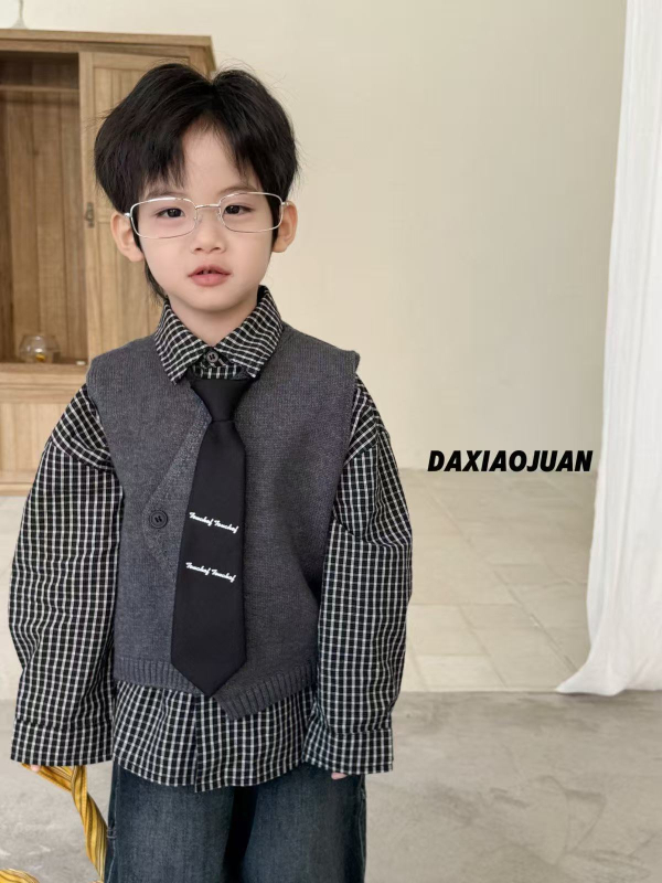 Cămașă pentru copii cu model în carouri, guler rever, mâneci lungi, 65% bumbac