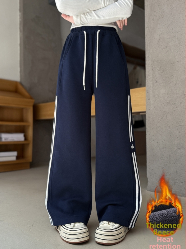 Mergaitei skirti laisvalaikio kelnės su fleece viduje, raišteliai per juosmenį, žieminės, aukštas liemuo, elastinė juosta, 60% medvilnė, dryžuotas arba vienspalvis raštas, vaikams nuo 8 metų