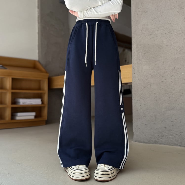 Момичешки ежедневни панталони с поларена подплата и шнур за връзване, зимни, висока талия, ластична лента на талията, 60% памук, райета или едноцветни, за деца над 8 години