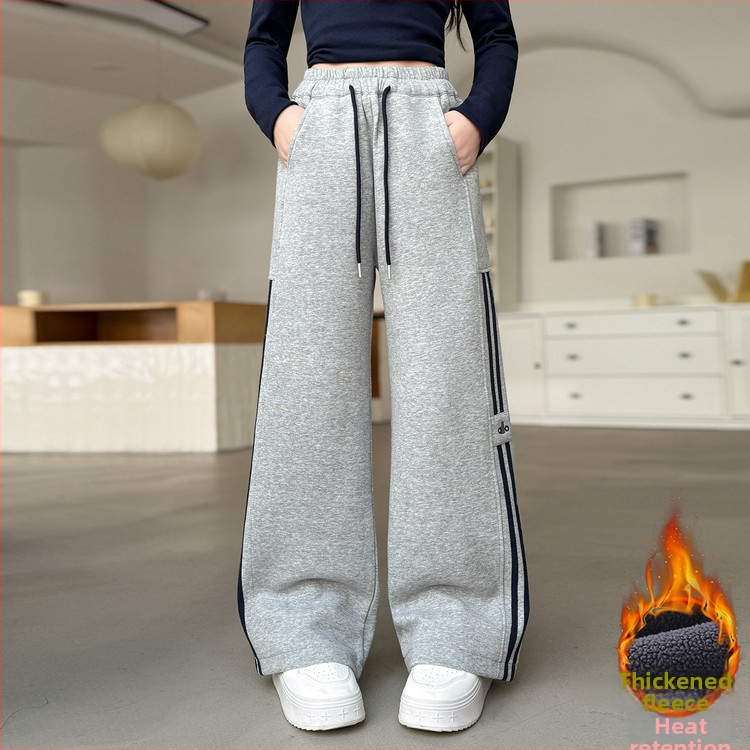 Mergaitei skirti laisvalaikio kelnės su fleece viduje, raišteliai per juosmenį, žieminės, aukštas liemuo, elastinė juosta, 60% medvilnė, dryžuotas arba vienspalvis raštas, vaikams nuo 8 metų