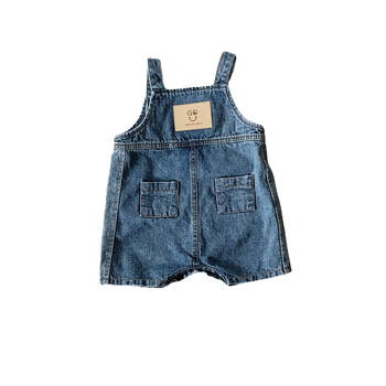 Salopetă denim în stil coreean pentru copii, pantaloni cropped, unisex, bumbac moale, imprimeu desenat, închidere cu nasturi