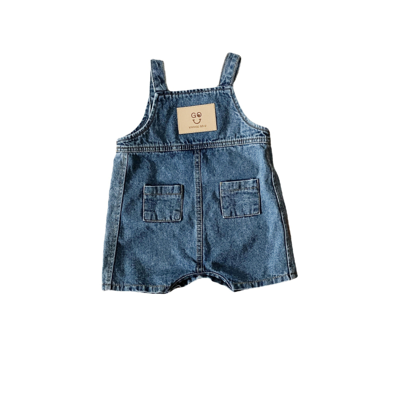 Salopetă denim în stil coreean pentru copii, pantaloni cropped, unisex, bumbac moale, imprimeu desenat, închidere cu nasturi