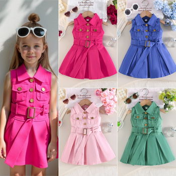 Meitenēm 3–8 gadu vecuma bez piedurknēm kokvilnas kleita ar jostu, A līnija