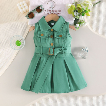 Meitenēm 3–8 gadu vecuma bez piedurknēm kokvilnas kleita ar jostu, A līnija