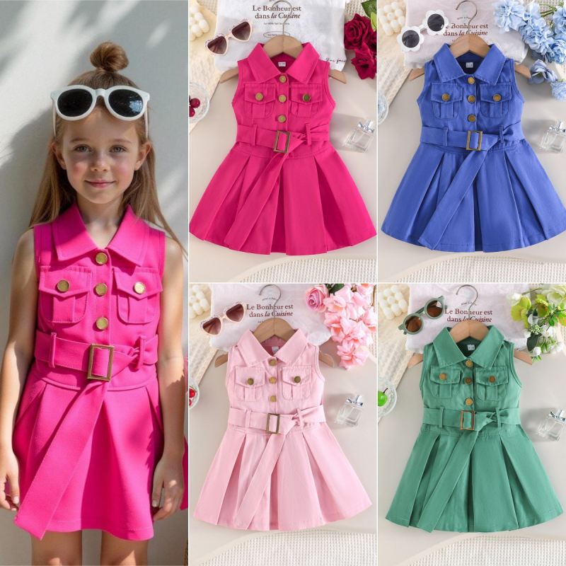 Meitenēm 3–8 gadu vecuma bez piedurknēm kokvilnas kleita ar jostu, A līnija