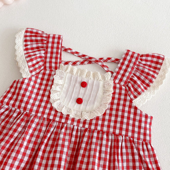 Детска рокля в каре — корейски стил, памук, къс ръкав, стил принцеса, карикатурен принт (лято 2025)