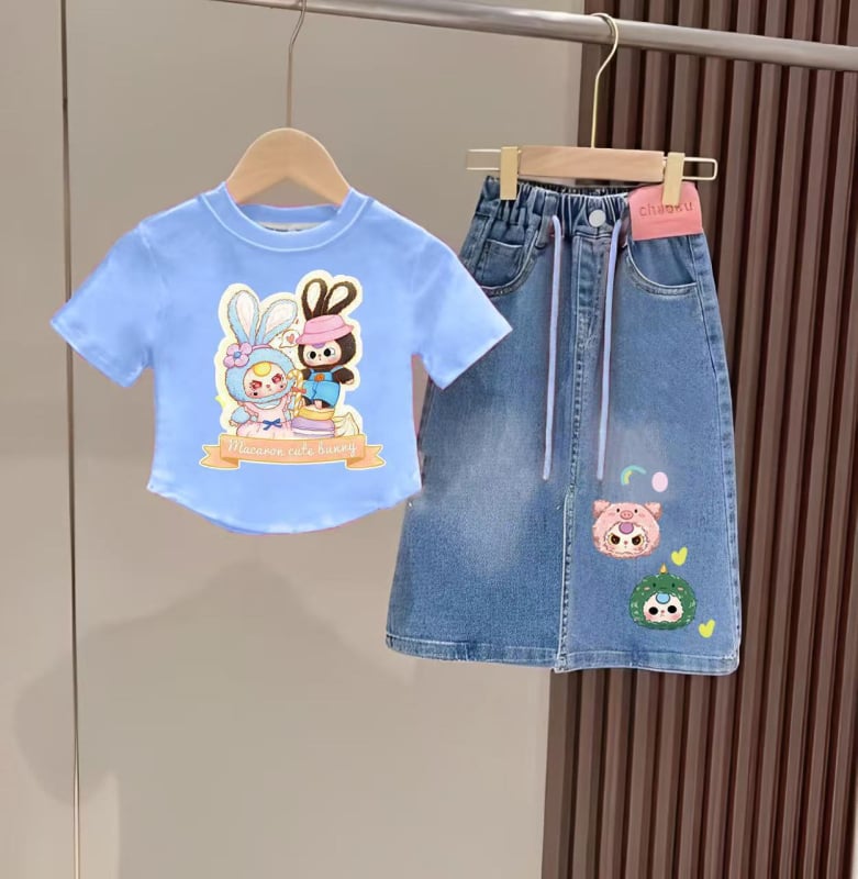 Dječji komplet: Top s karikaturom i denim suknja, ljeto 2025, korejski stil, za uzrast 3–8 godina, poliester