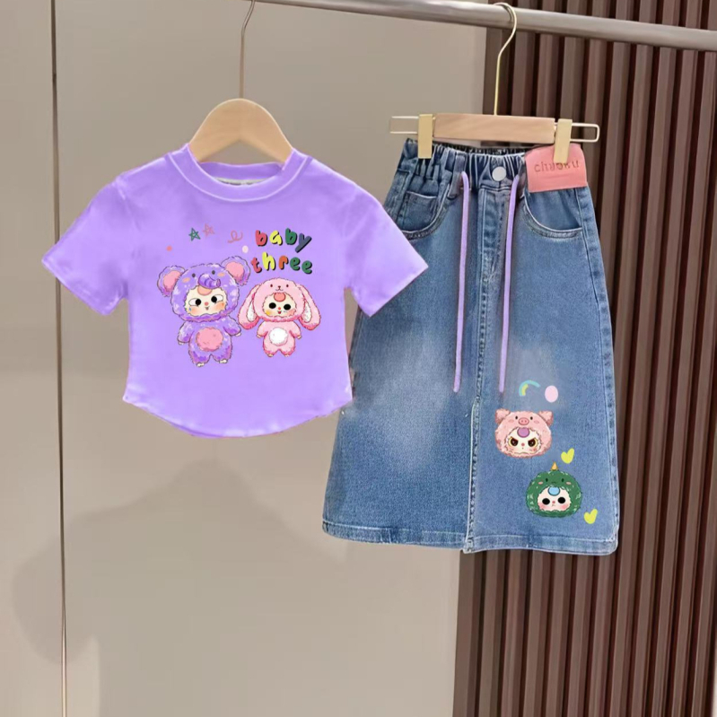 Dječji komplet: Top s karikaturom i denim suknja, ljeto 2025, korejski stil, za uzrast 3–8 godina, poliester