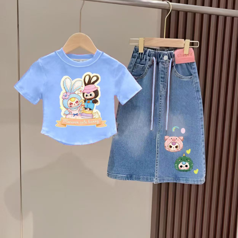 Dječji komplet: Top s karikaturom i denim suknja, ljeto 2025, korejski stil, za uzrast 3–8 godina, poliester