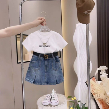 Set de vară pentru fetițe, două piese: tricou casual cu imprimeu de litere + fustă denim, stil coreean