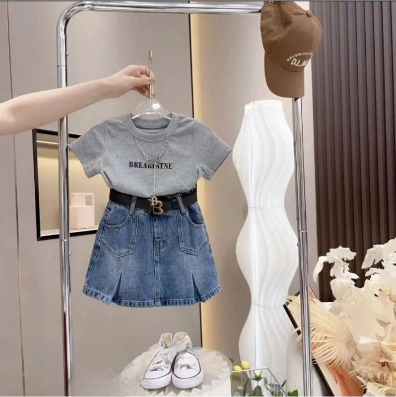 Set de vară pentru fetițe, două piese: tricou casual cu imprimeu de litere + fustă denim, stil coreean