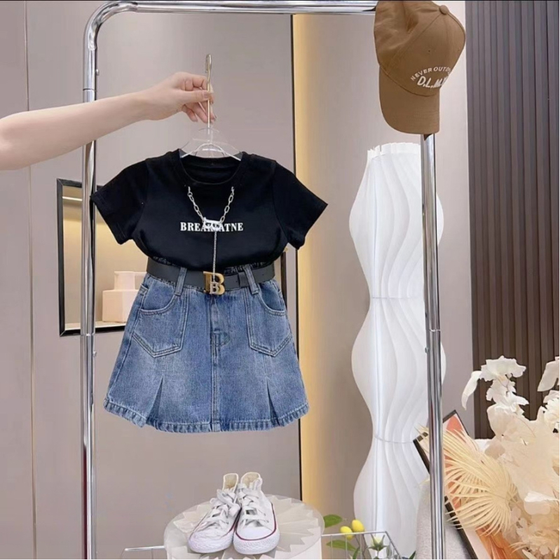 Set de vară pentru fetițe, două piese: tricou casual cu imprimeu de litere + fustă denim, stil coreean