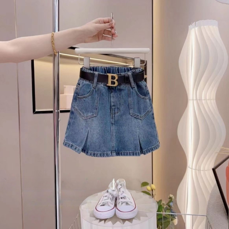 Set de vară pentru fetițe, două piese: tricou casual cu imprimeu de litere + fustă denim, stil coreean
