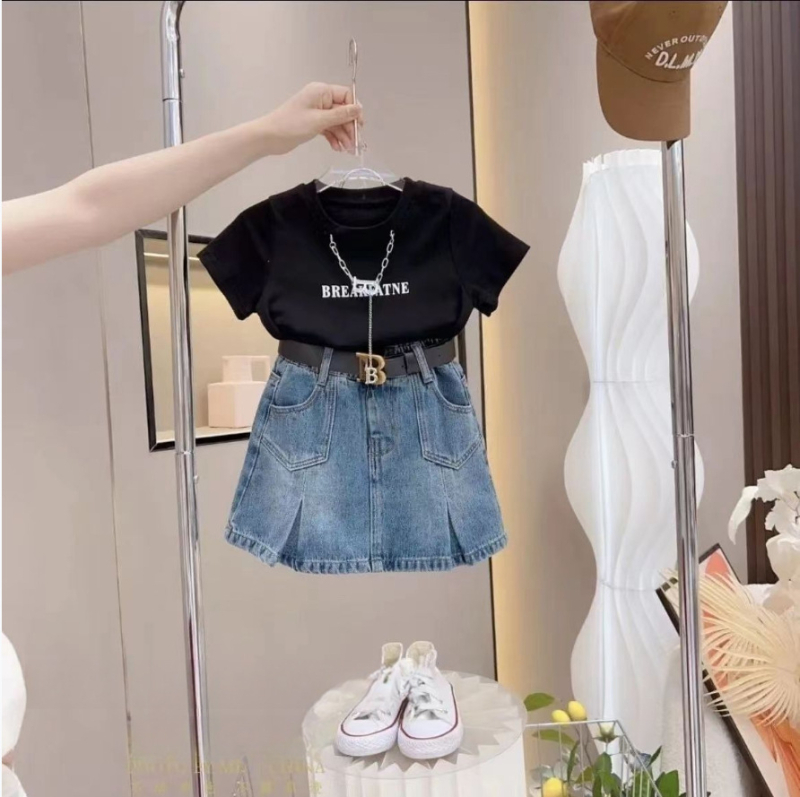 Set de vară pentru fetițe, două piese: tricou casual cu imprimeu de litere + fustă denim, stil coreean
