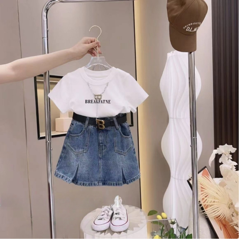 Set de vară pentru fetițe, două piese: tricou casual cu imprimeu de litere + fustă denim, stil coreean