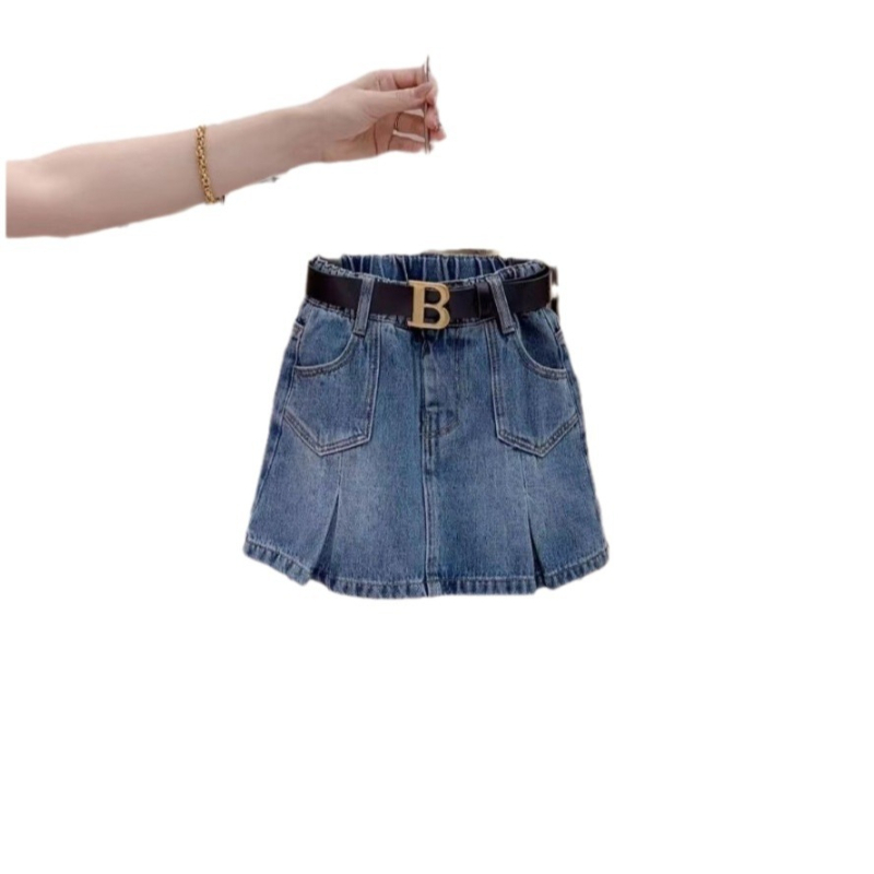 Set de vară pentru fetițe, două piese: tricou casual cu imprimeu de litere + fustă denim, stil coreean