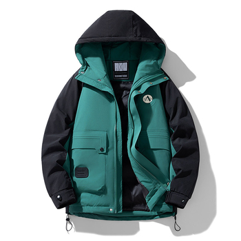 Мъжко пухено яке с качулка и контрастни панели, пълнеж от пух на патици, 600 плътност на пух, закопчаване с цип