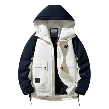 Мъжко пухено яке с качулка и контрастни панели, пълнеж от пух на патици, 600 плътност на пух, закопчаване с цип