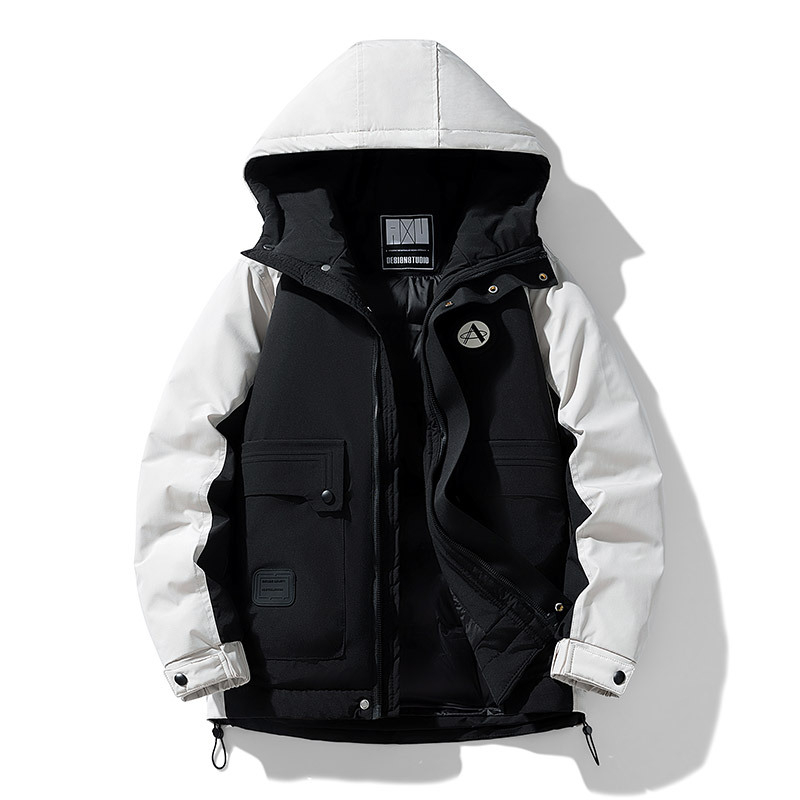 Мъжко пухено яке с качулка и контрастни панели, пълнеж от пух на патици, 600 плътност на пух, закопчаване с цип