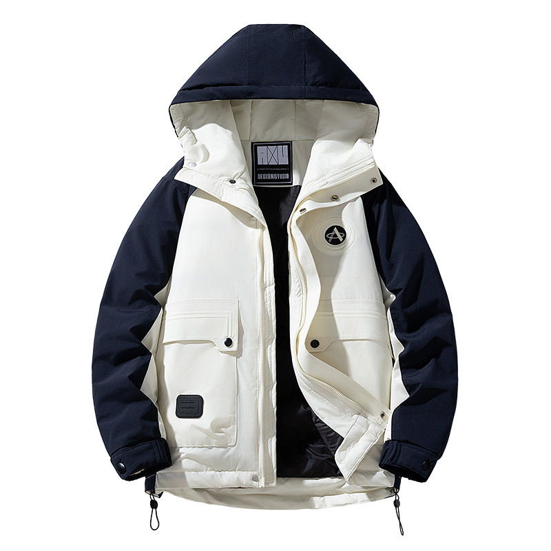 Мъжко пухено яке с качулка и контрастни панели, пълнеж от пух на патици, 600 плътност на пух, закопчаване с цип