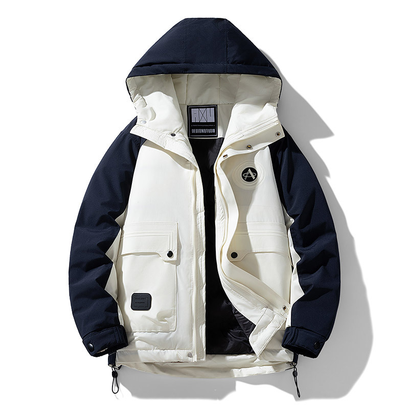 Мъжко пухено яке с качулка и контрастни панели, пълнеж от пух на патици, 600 плътност на пух, закопчаване с цип