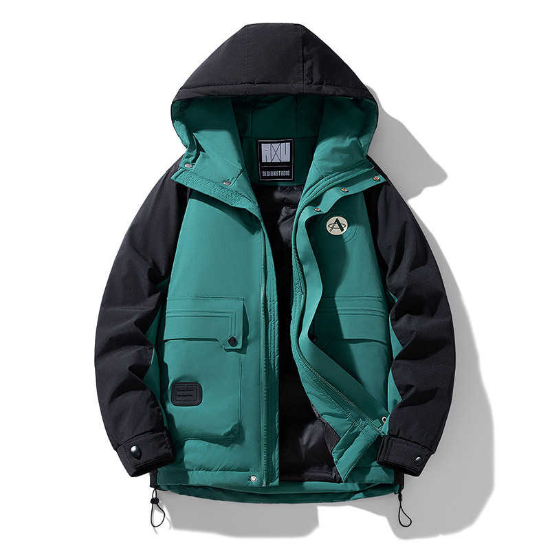 Мъжко пухено яке с качулка и контрастни панели, пълнеж от пух на патици, 600 плътност на пух, закопчаване с цип